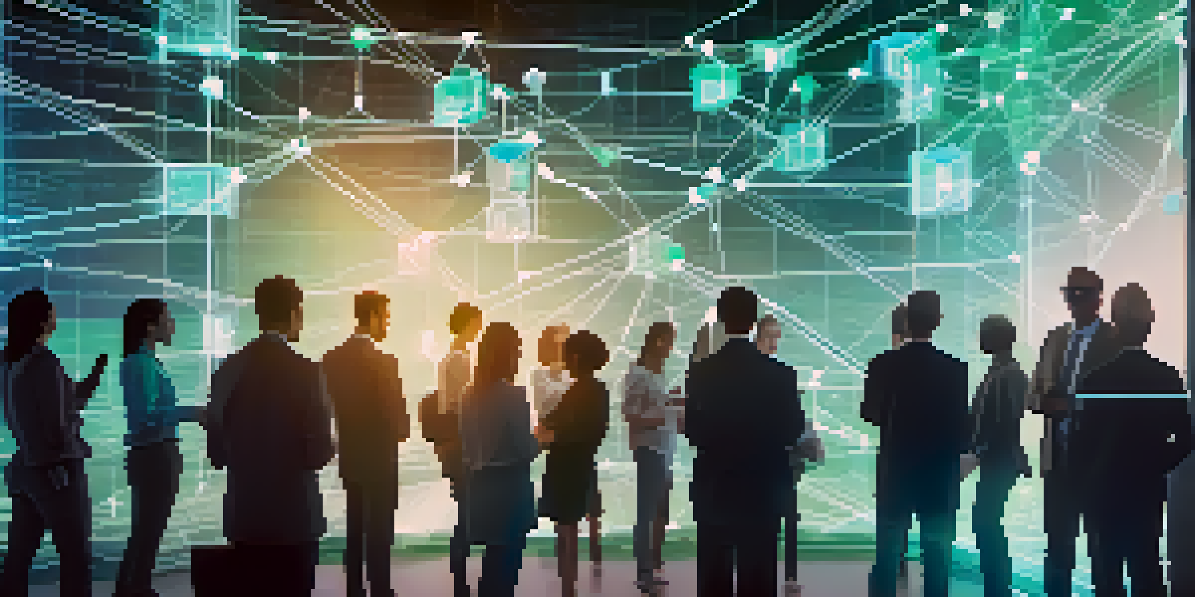 A digital screen displaying a blockchain diagram with glowing interconnected blocks, set in a modern office.
