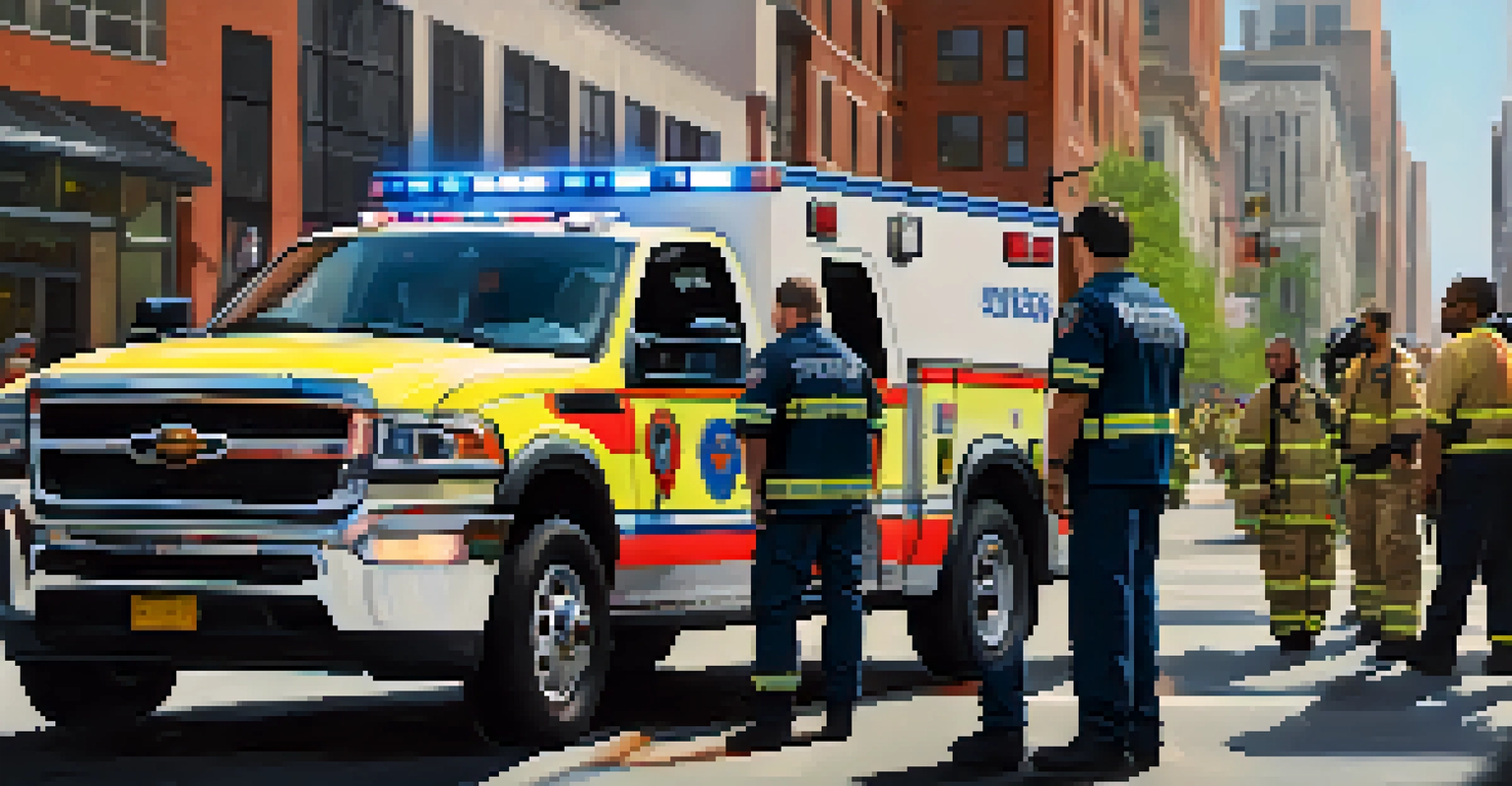 A first responder using a tablet with GPS tracking in front of an emergency vehicle, set against a busy street scene in Georgia.