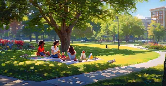 A family having a picnic in a vibrant urban park filled with native plants and trees, with migratory birds perched nearby, under soft sunlight.