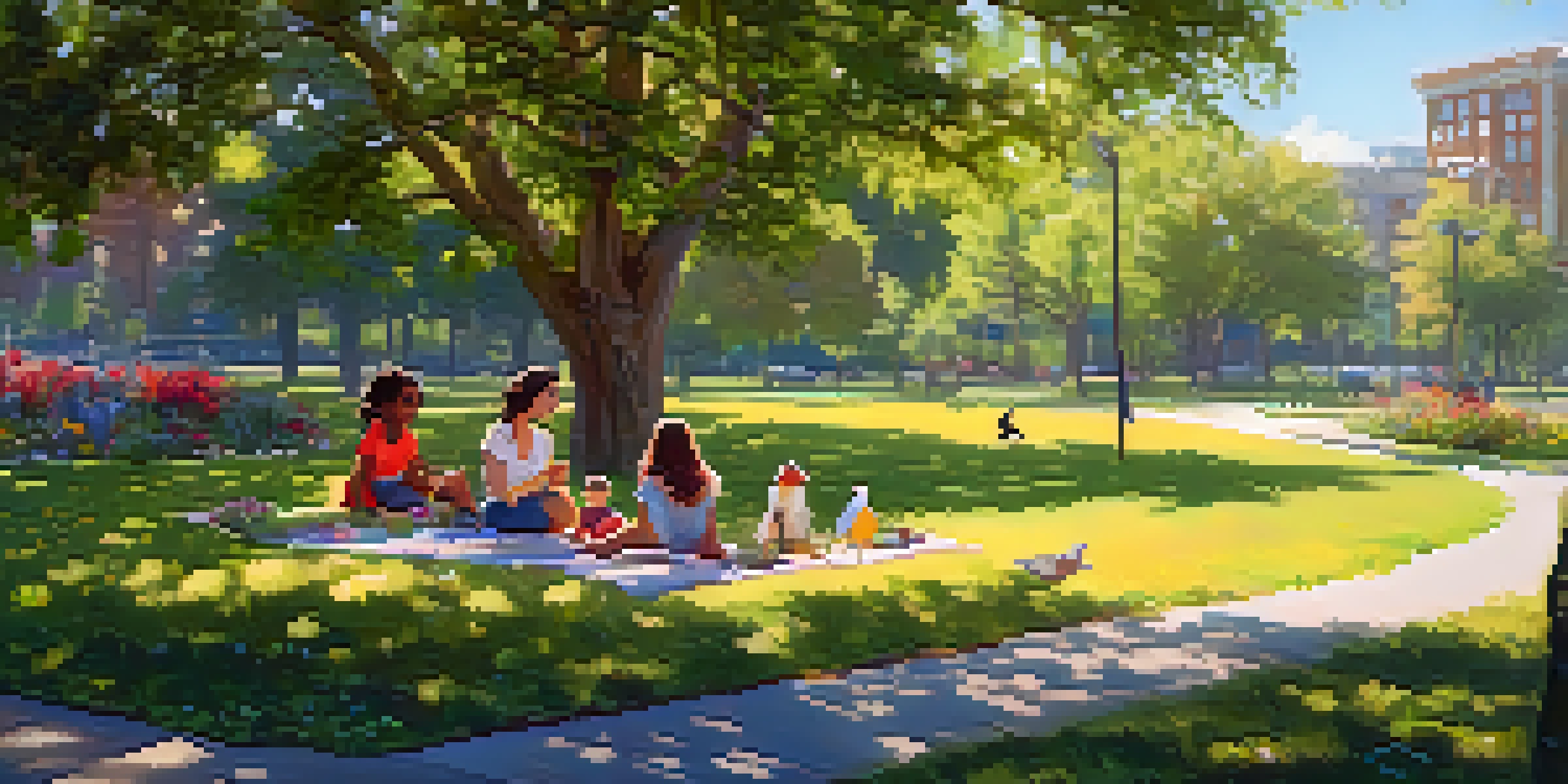 A family having a picnic in a vibrant urban park filled with native plants and trees, with migratory birds perched nearby, under soft sunlight.