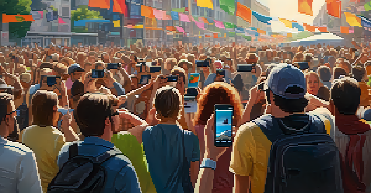 A journalist using a smartphone to report from an event, surrounded by a crowd and colorful banners in bright daylight.