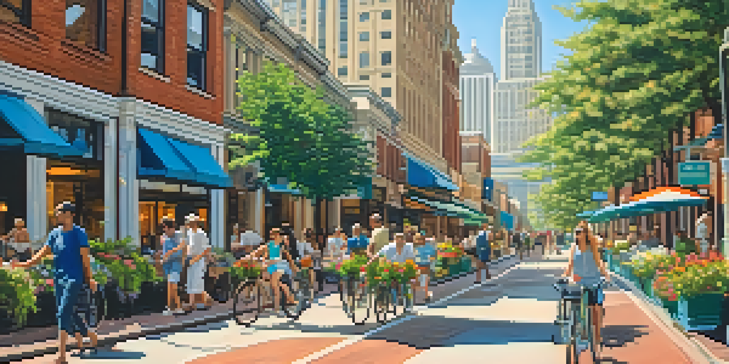 A lively urban street in Atlanta, featuring skyscrapers, historic buildings, and people engaging in outdoor activities under a sunny sky.