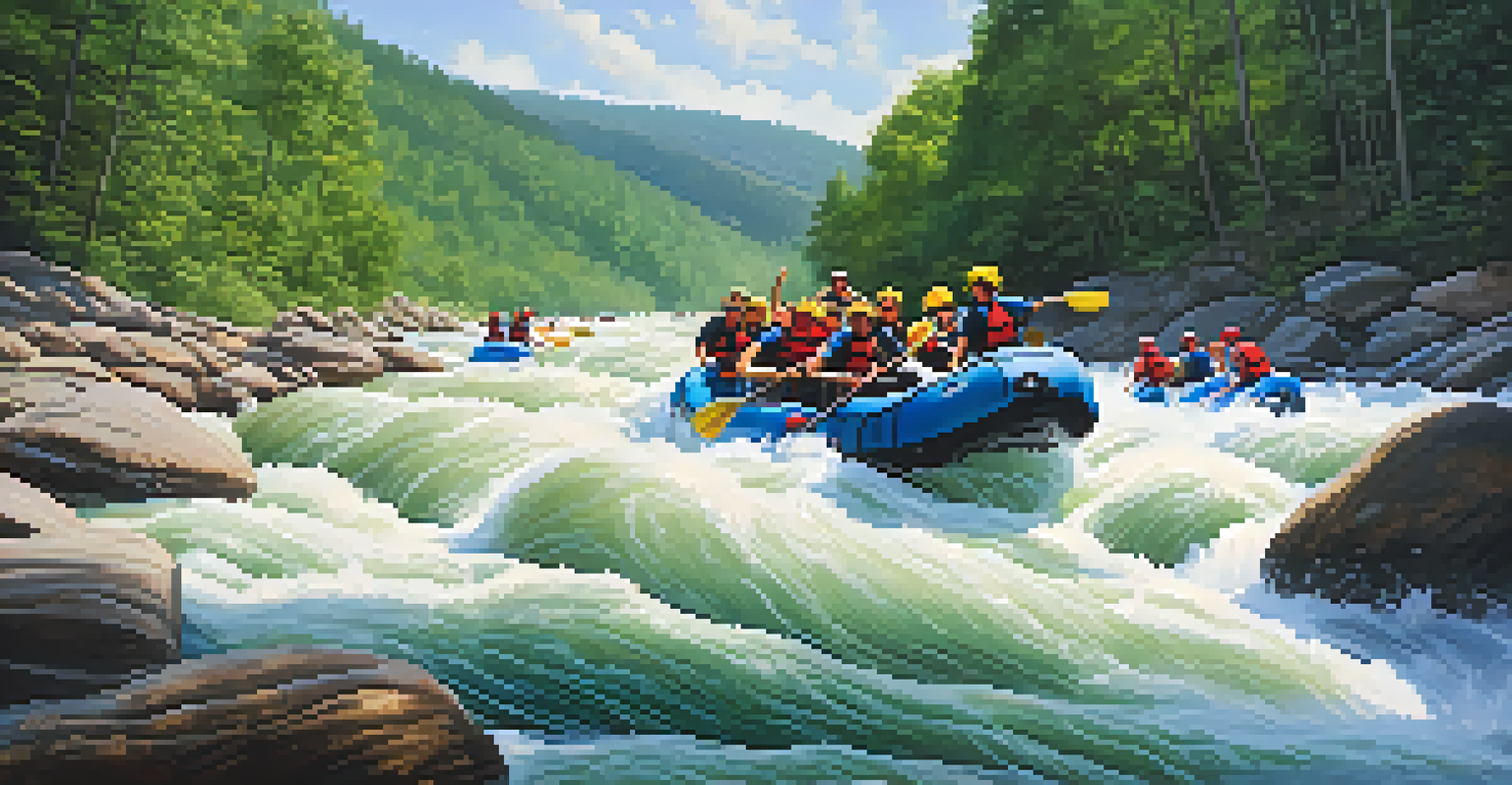 A group of people rafting on the Ocoee River amidst lush forests and rapids.