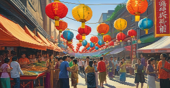 A lively street festival in Atlanta featuring colorful lanterns, food stalls with Asian dishes, and diverse people enjoying performances.