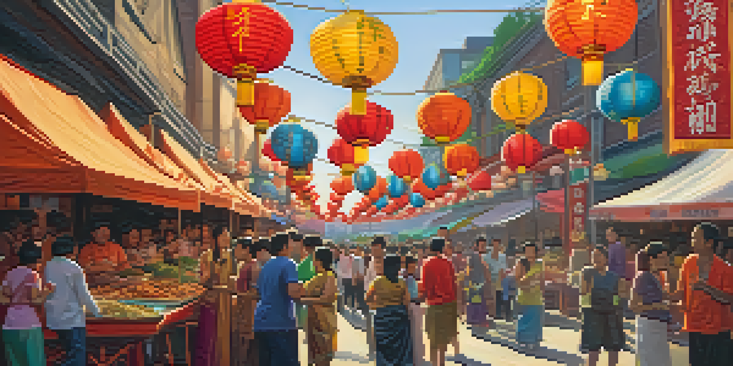 A lively street festival in Atlanta featuring colorful lanterns, food stalls with Asian dishes, and diverse people enjoying performances.