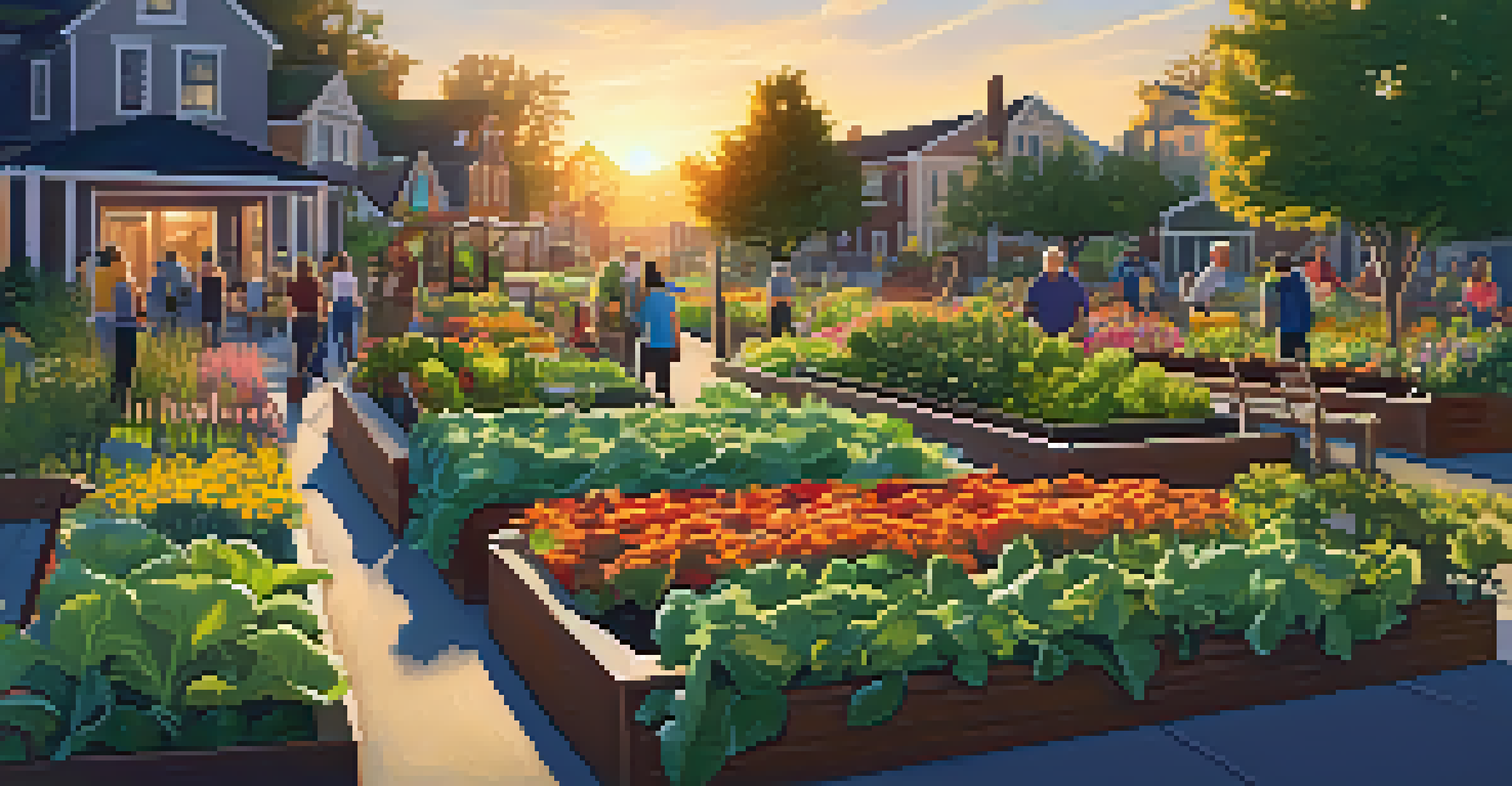 A lively community garden with residents planting and harvesting vegetables, surrounded by colorful flowers and pathways, illuminated by a warm sunset.
