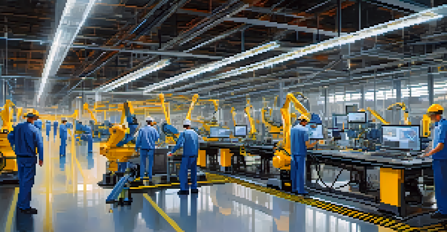 A high-tech manufacturing facility in Georgia with AI robotics and human workers collaborating in a bright environment.