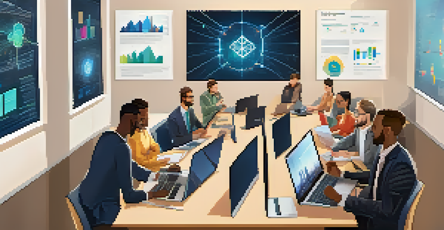 A group of diverse entrepreneurs discussing blockchain technology around a table with laptops and smartphones.