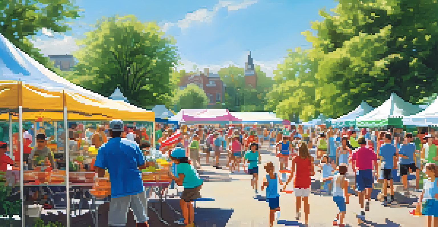 A community sports event in a park, showing families and children engaged in activities, with tents and booths from local businesses around them.