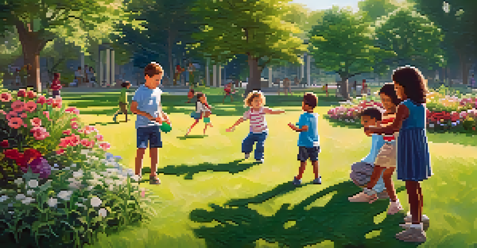 Children playing in a sunny park, with parents supervising nearby, surrounded by nature.