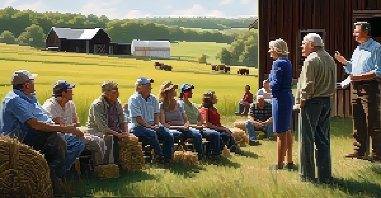 A political candidate talking to rural voters on a farm, surrounded by fields and a barn, conveying grassroots engagement.