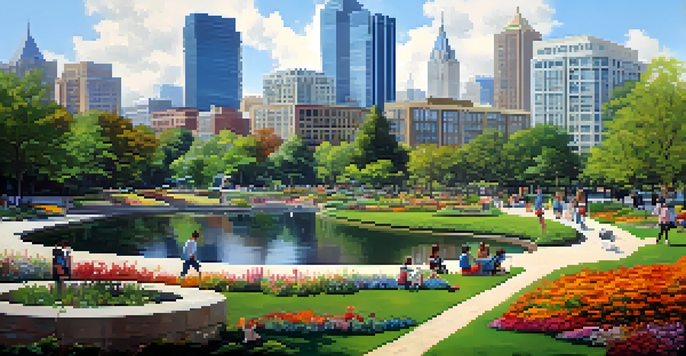 A lively urban park in Georgia with people enjoying nature, colorful flowers, and a city skyline in the background.