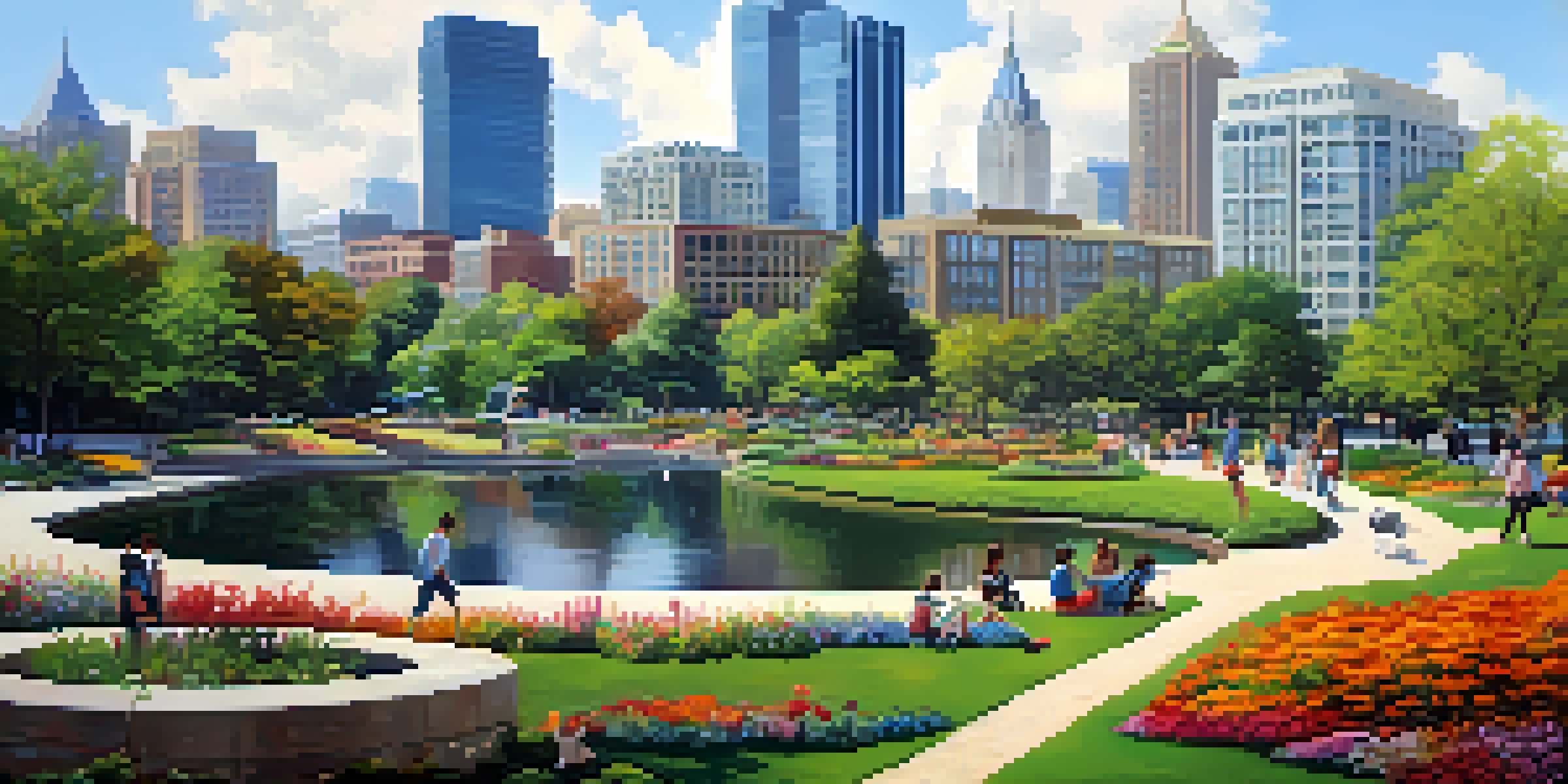 A lively urban park in Georgia with people enjoying nature, colorful flowers, and a city skyline in the background.