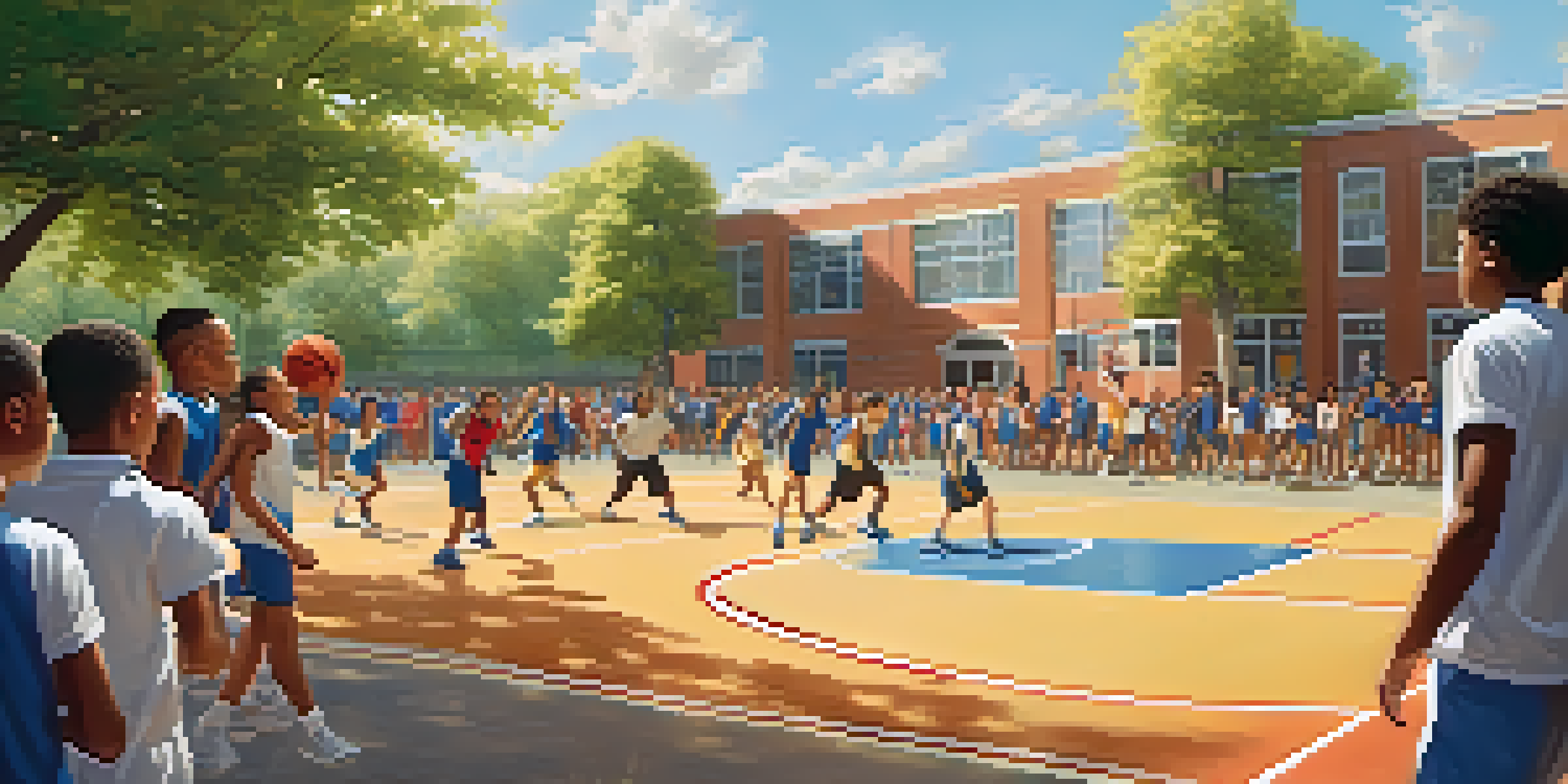 A lively basketball game with diverse students playing outdoors, surrounded by cheering peers and a sunny school environment.