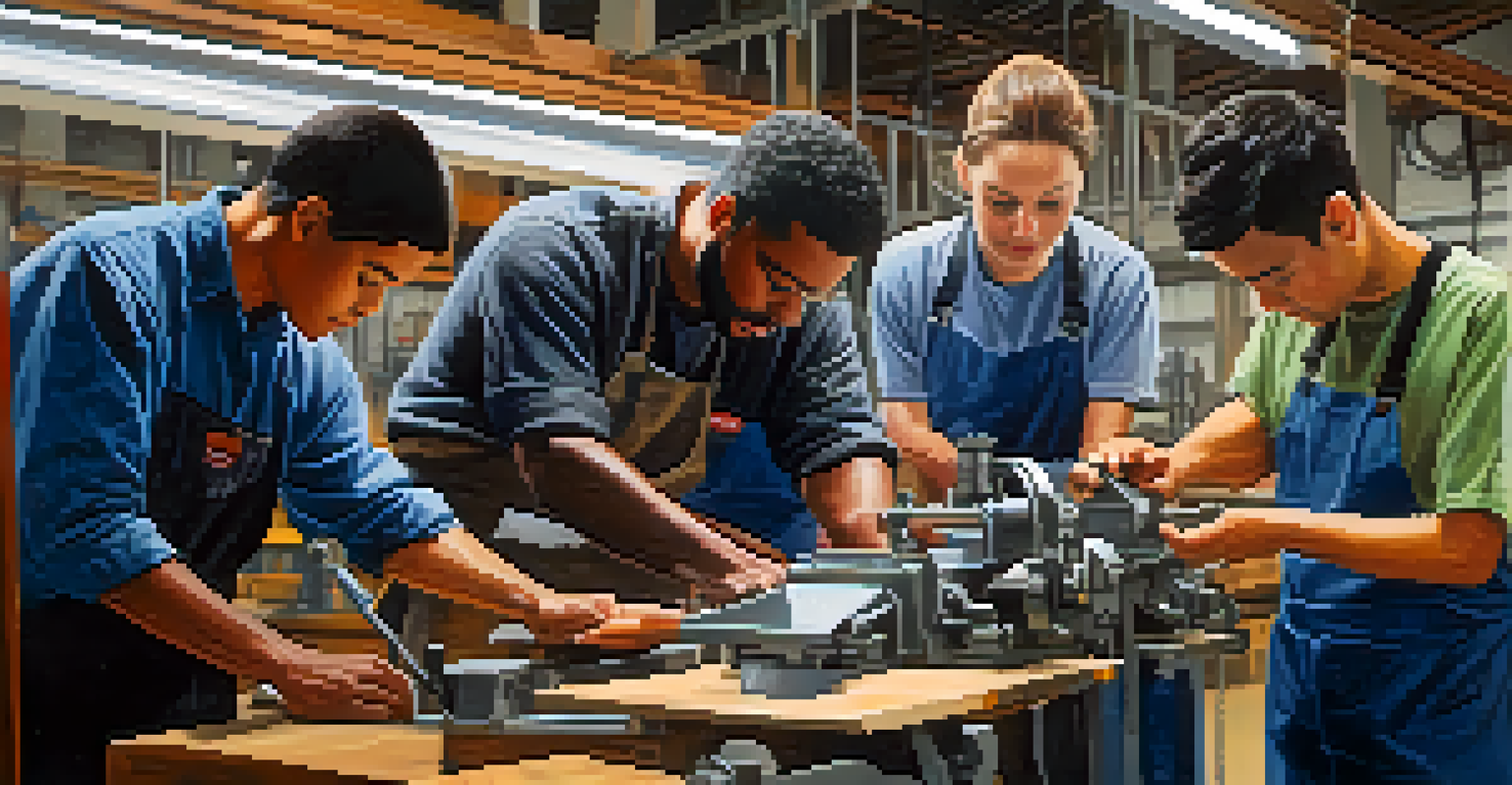 An instructor guiding adult learners in a workshop, working on machinery with tools and safety gear.