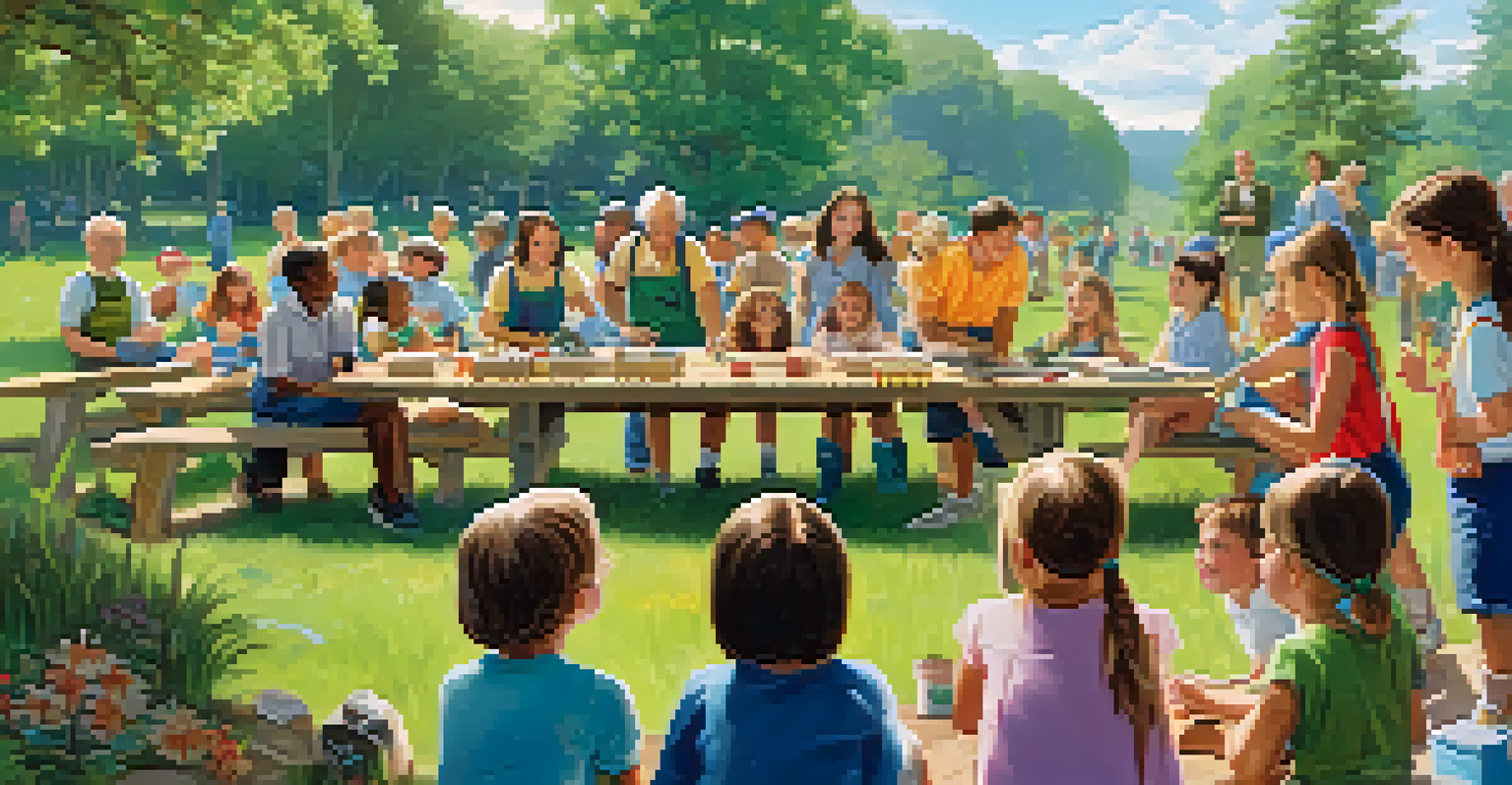 An outdoor educational workshop with children and adults learning about local plants and animals from a naturalist.