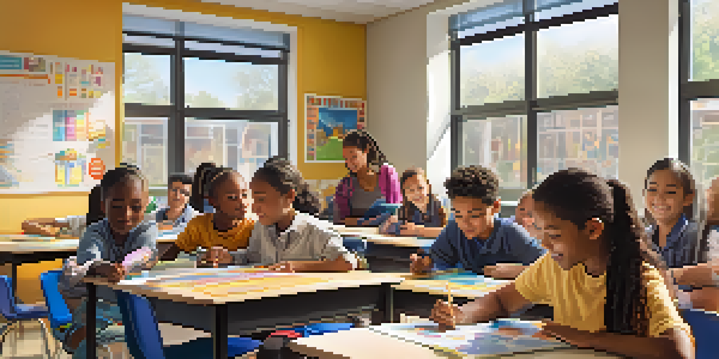 A classroom with diverse students working together, a teacher guiding them, and bright educational materials around.