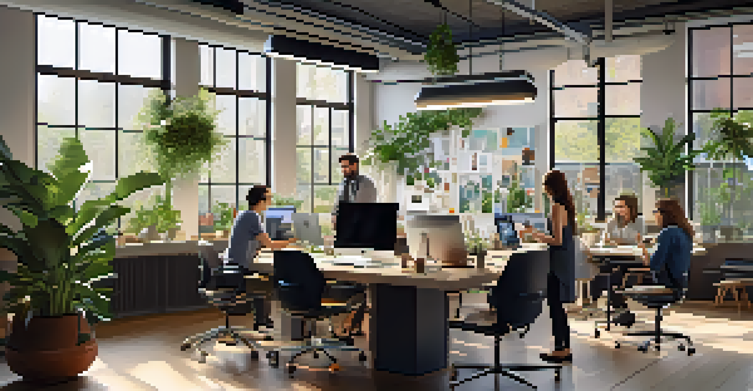 A diverse team collaborating in a modern workspace, with laptops and documents on a table, bathed in natural light from large windows, creating an energetic atmosphere.