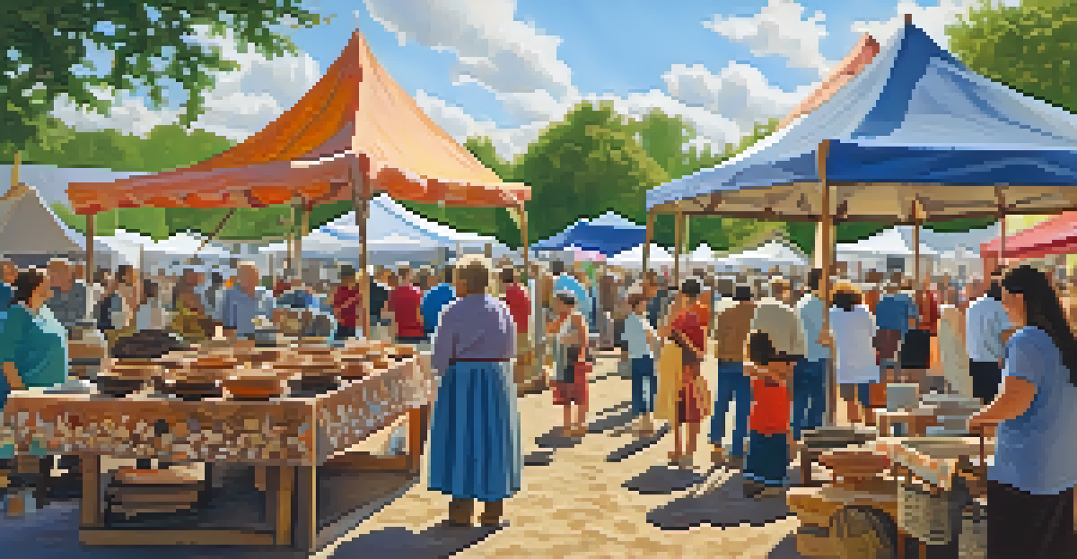 A lively folk art festival in Georgia, displaying artisans with pottery and quilts, set under a sunny sky with people enjoying the event.