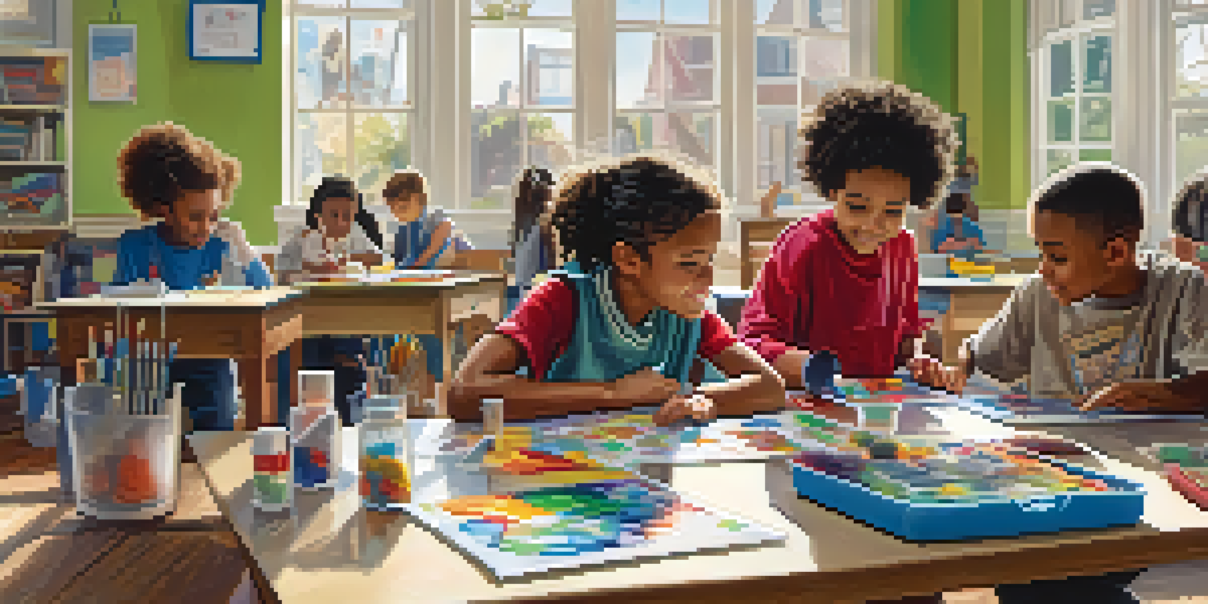A lively after-school program with children working on a science project, playing basketball, and painting, illuminated by natural light.