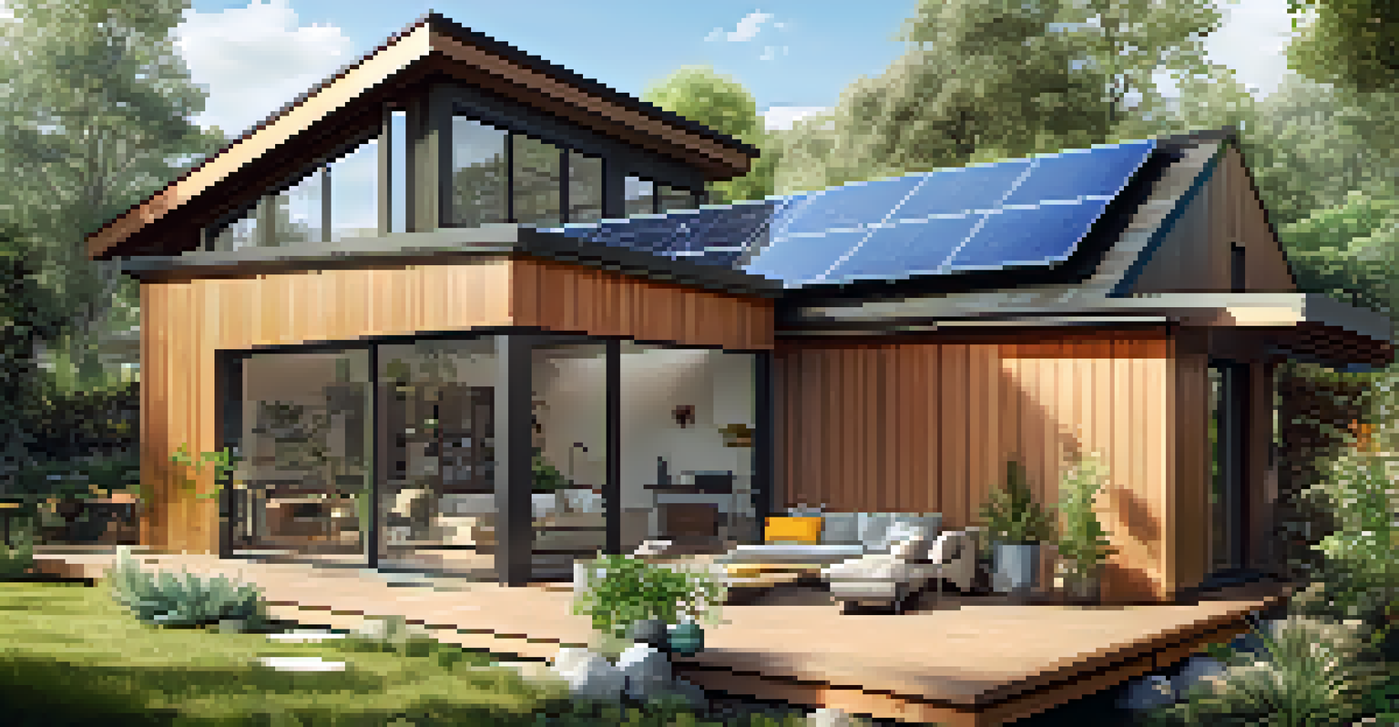 Eco-friendly home surrounded by gardens with solar panels, showing a family enjoying the outdoors.