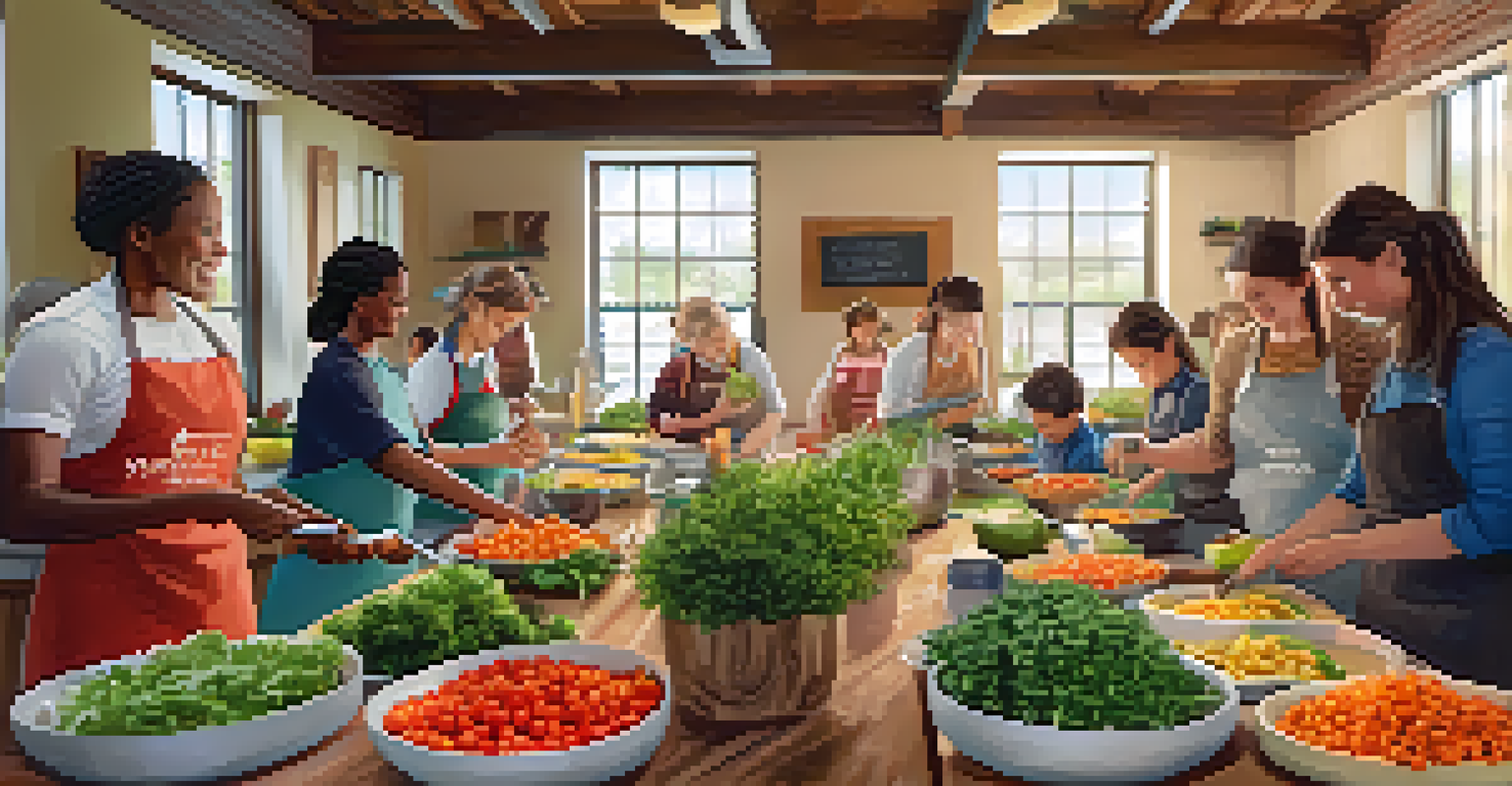 A community workshop on local food sourcing with diverse participants cooking with fresh ingredients in a cozy environment.
