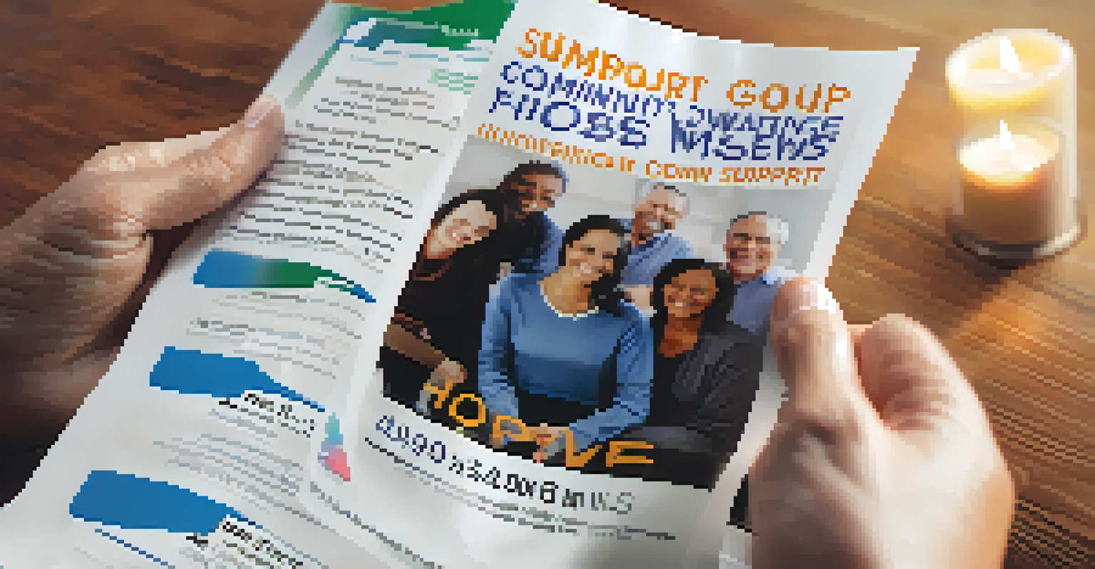 Hands holding a support group flyer in front of a community center, symbolizing hope and support.