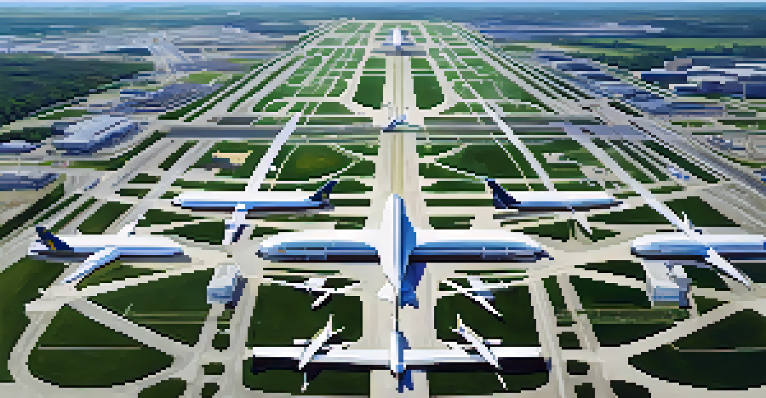 Aerial view of Hartsfield-Jackson Atlanta International Airport with planes on runways and green areas surrounding it.