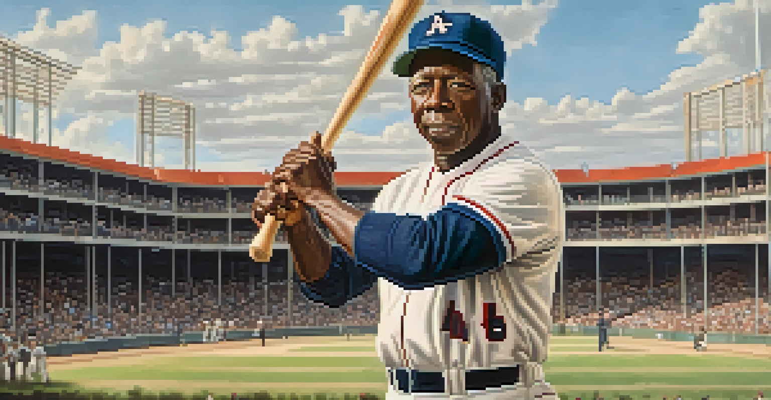 A portrait of baseball legend Hank Aaron holding a bat on a sunlit baseball field with fans in the background.