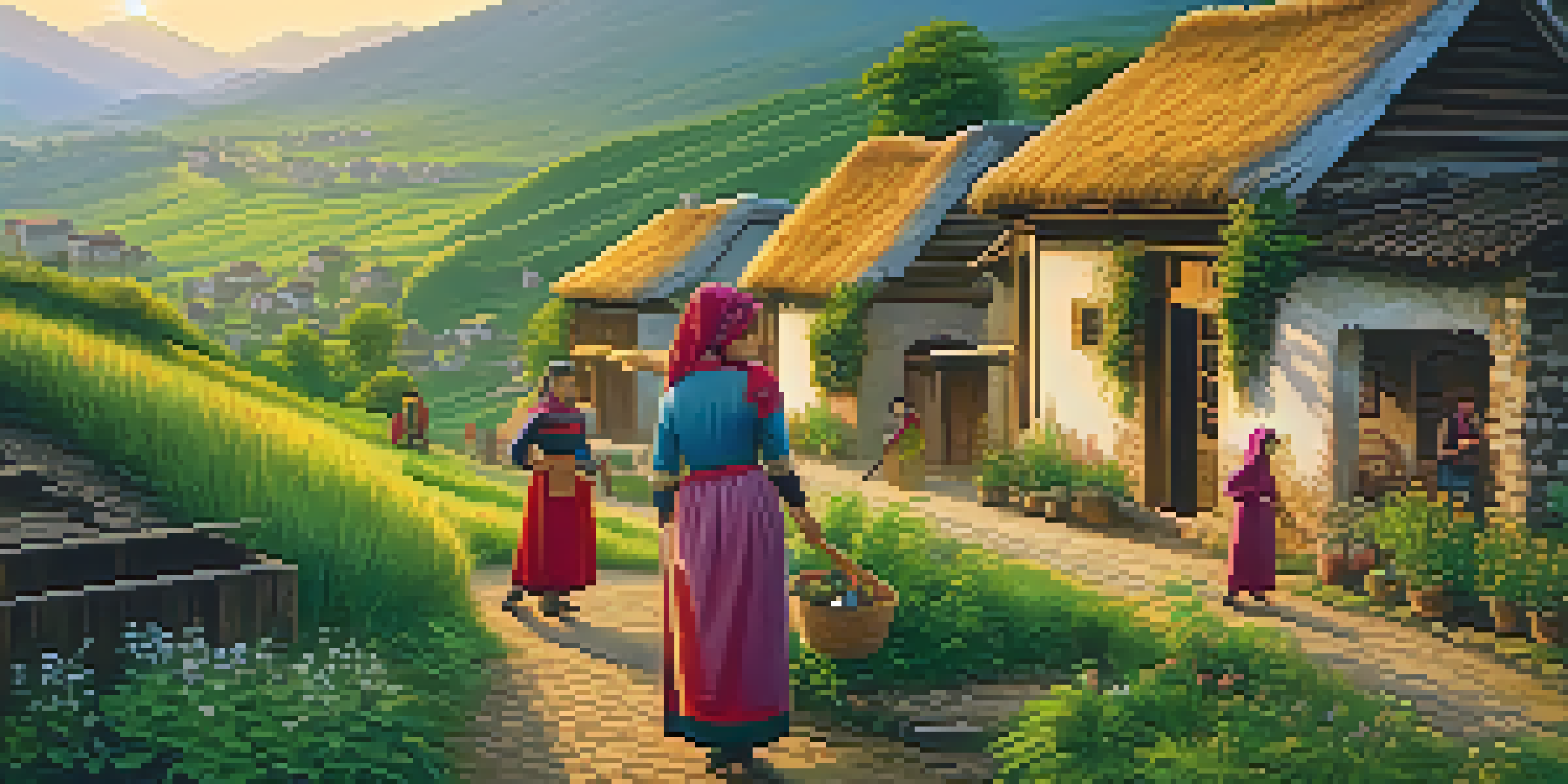 A traditional Georgian village with women in colorful folk dresses, engaged in weaving and gardening during sunset.