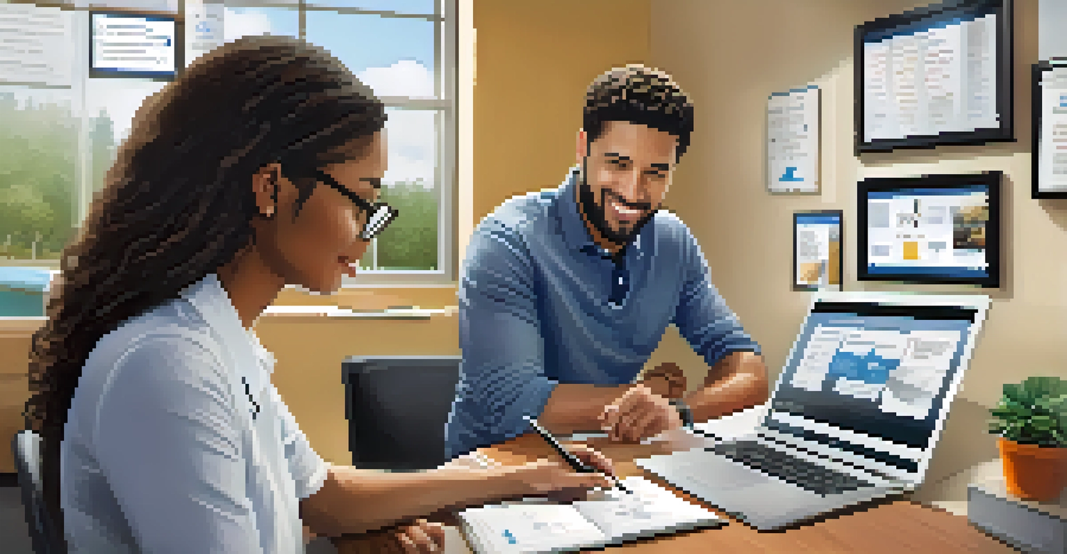 An academic advisor discussing course selections with a student in a bright office at Georgia State University, with motivational posters and a laptop on the table.