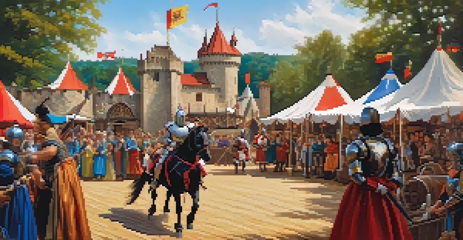A jousting tournament at the Georgia Renaissance Festival, with costumed performers and a medieval village backdrop.