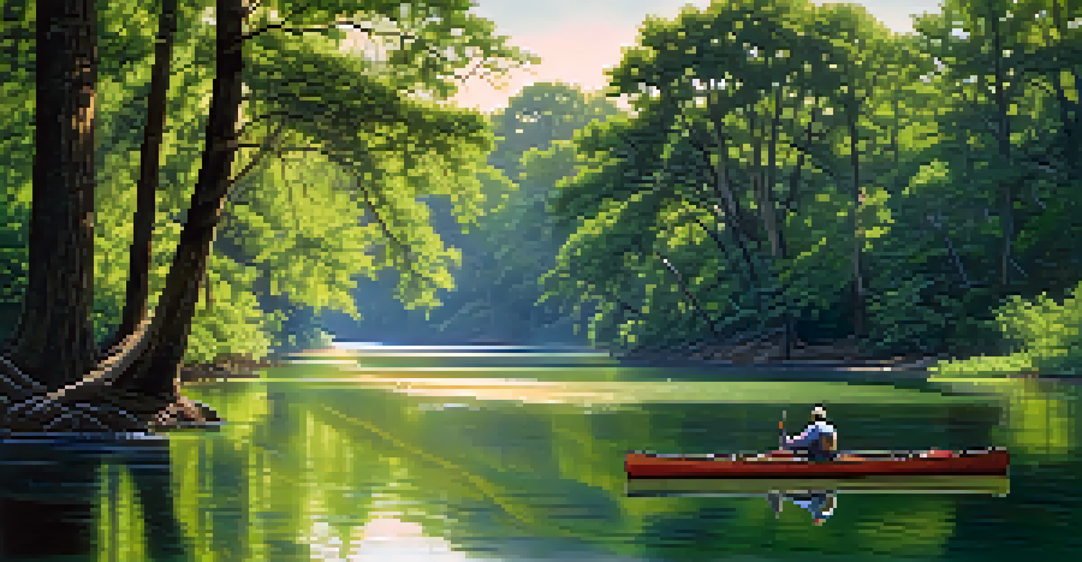 A peaceful view of the Ocmulgee River with a canoeist and birds, surrounded by greenery and sunlight filtering through the trees.