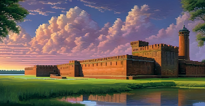 A sunset view of Fort Pulaski showcasing its star-shaped structure and thick brick walls, surrounded by green marshes and a colorful sky.