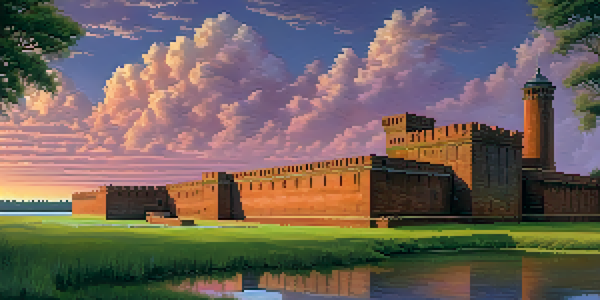 A sunset view of Fort Pulaski showcasing its star-shaped structure and thick brick walls, surrounded by green marshes and a colorful sky.