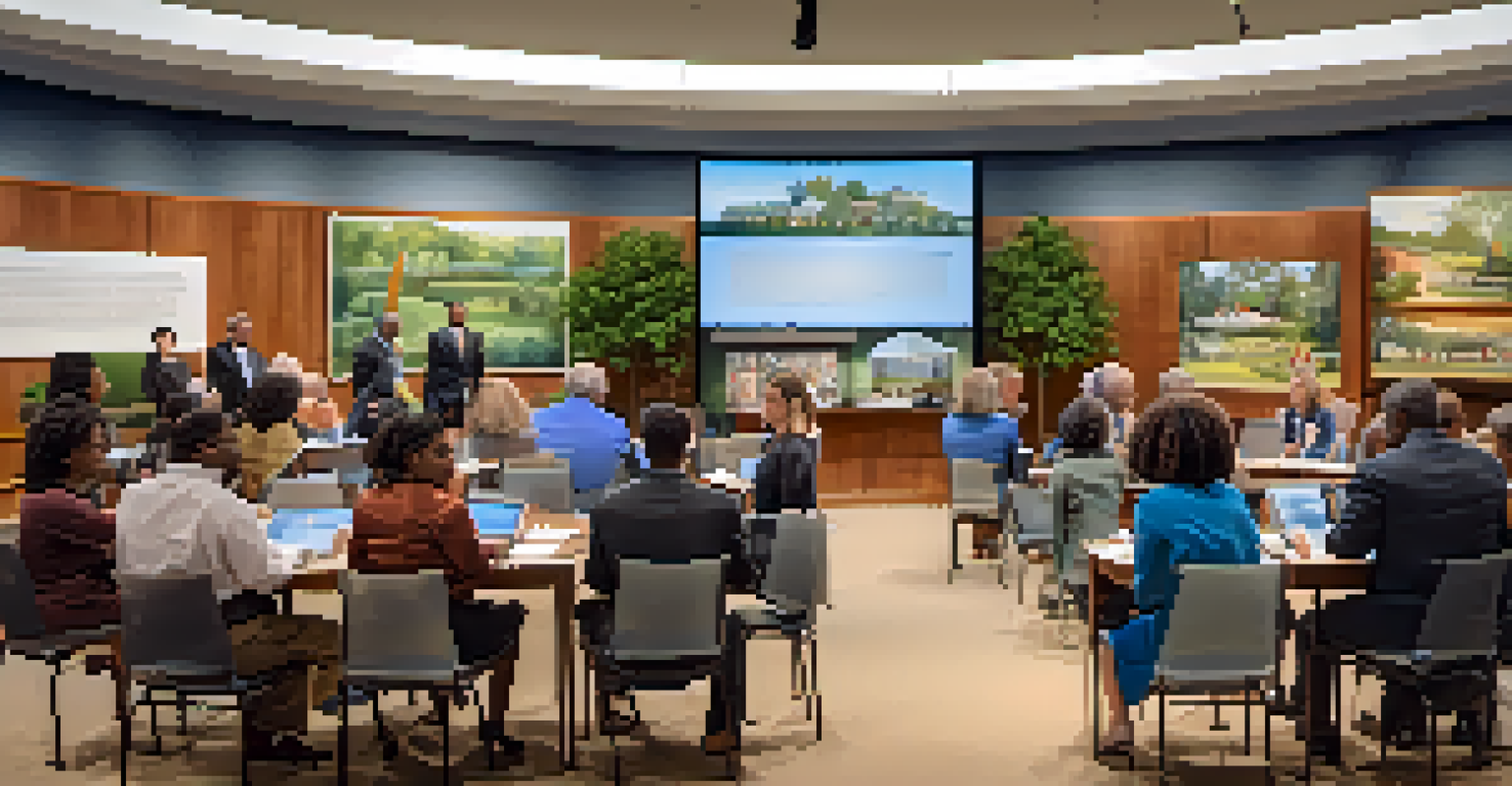 A lively educational event featuring a diverse group of people discussing in a warmly lit library setting with interactive displays.