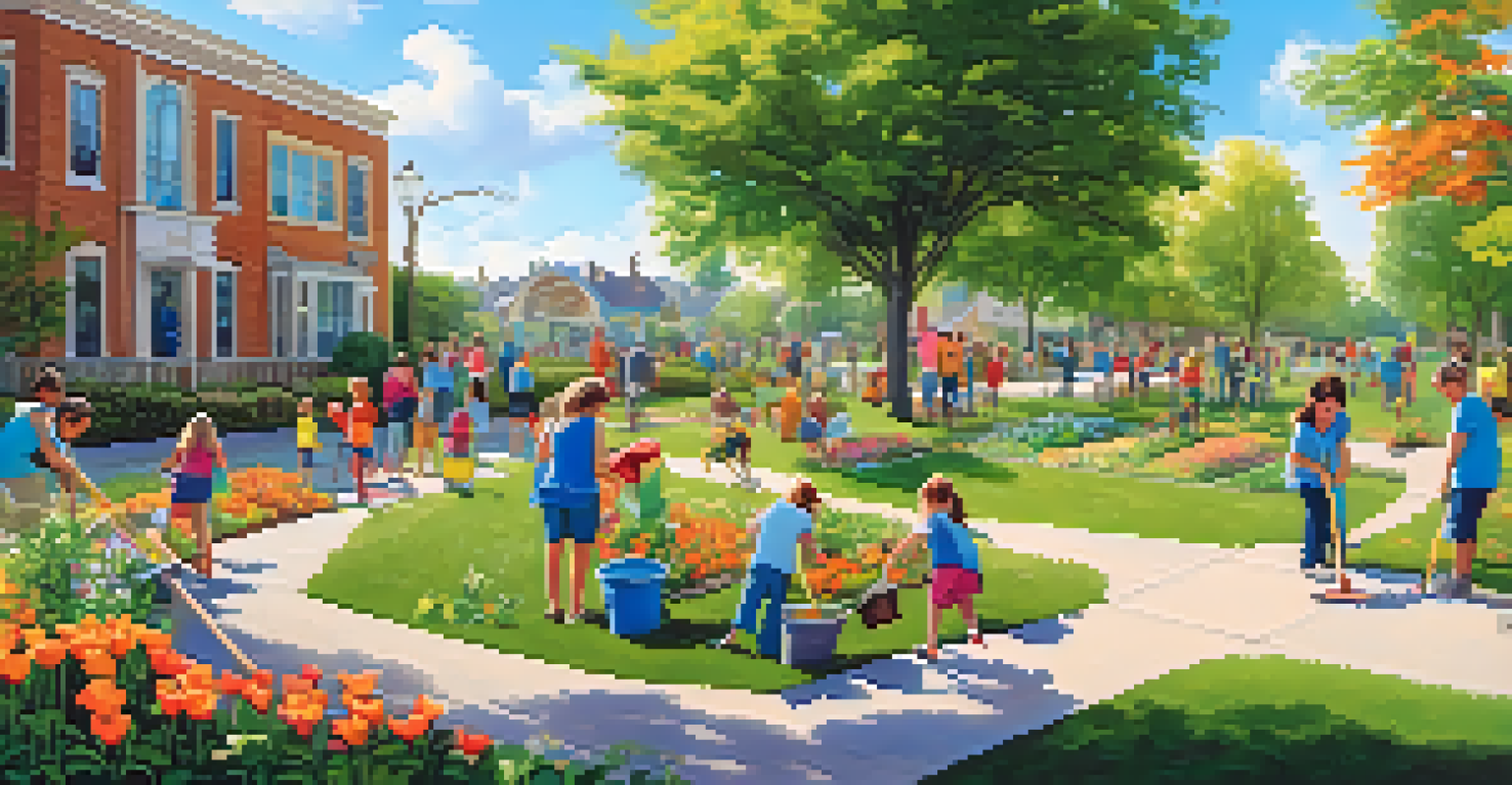 Families working together in a park cleanup event, surrounded by greenery and flowers under a blue sky.