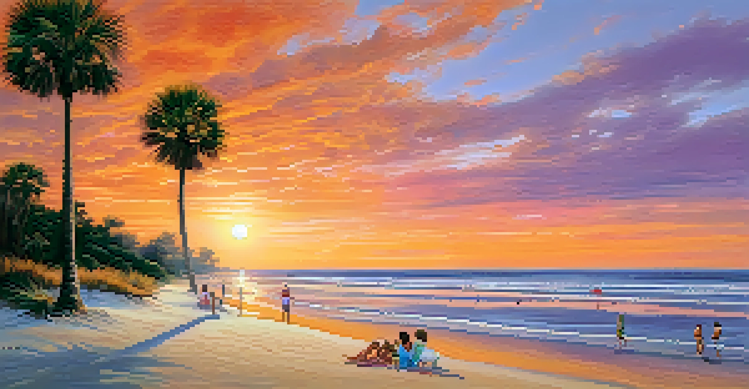 A beautiful beach scene at the Golden Isles with palm trees and a stunning sunset.