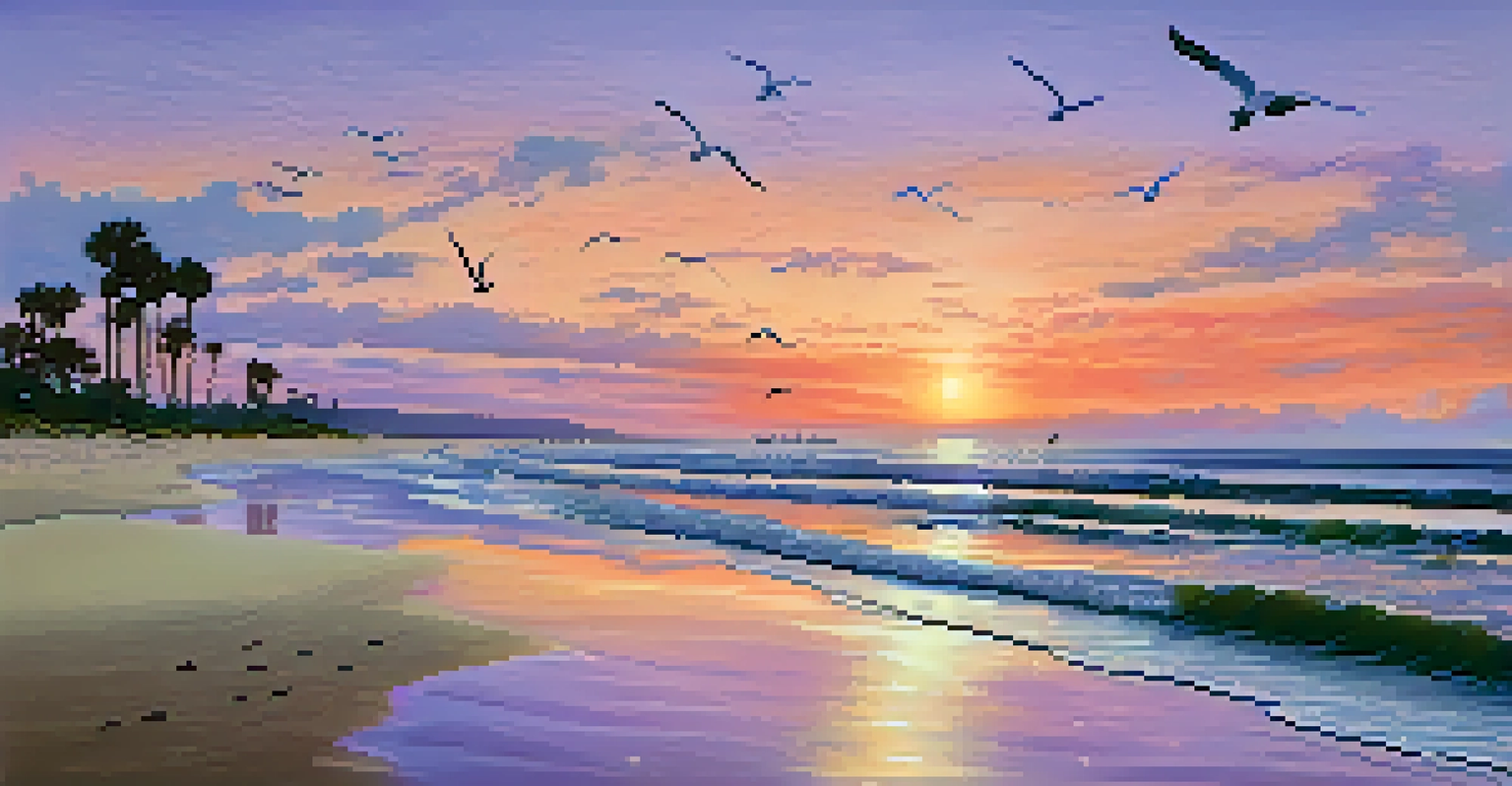 A sunset over Tybee Island beach with soft waves, silhouetted palm trees, and a colorful sky of orange, pink, and purple, with seagulls flying in the distance.