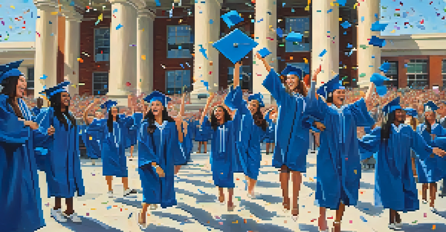 A celebration of graduation at Georgia State University with diverse graduates in caps and gowns, surrounded by family and confetti.