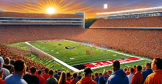 A lively college football game in Georgia with a packed stadium, sunset, and players in action.