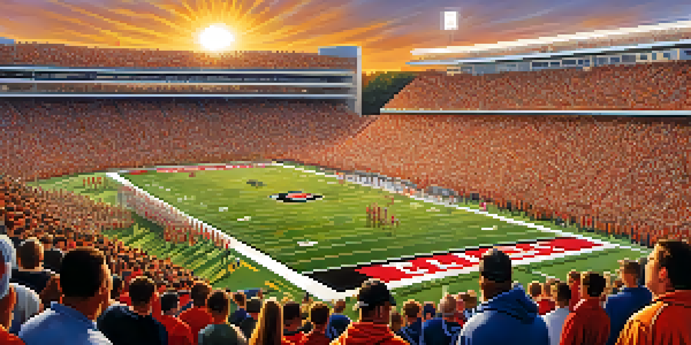 A lively college football game in Georgia with a packed stadium, sunset, and players in action.