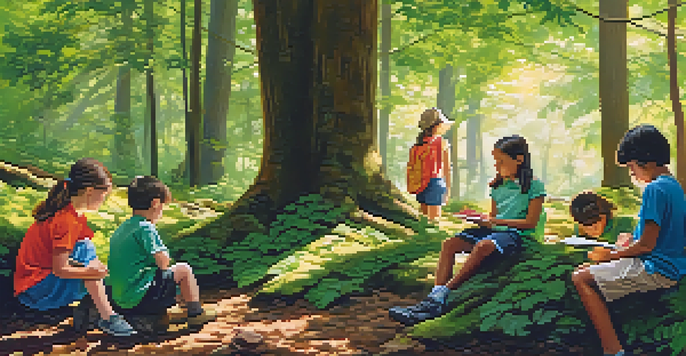 Children exploring a forest in Georgia, participating in an outdoor environmental education program, with sunlight filtering through the trees.