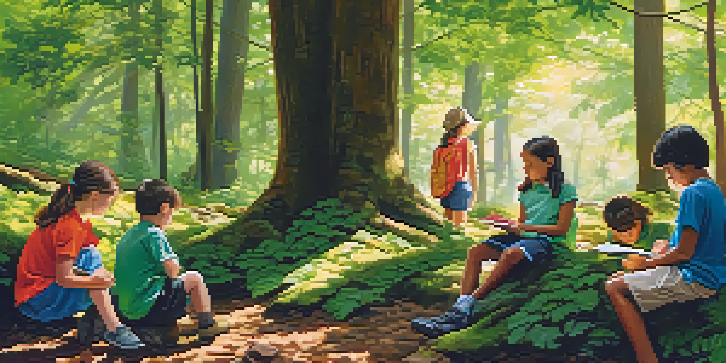 Children exploring a forest in Georgia, participating in an outdoor environmental education program, with sunlight filtering through the trees.