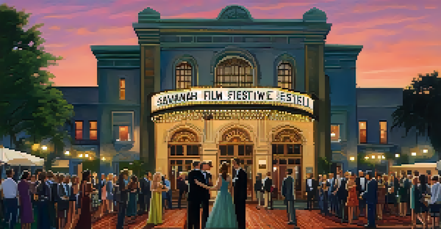 A historic theater entrance at the Savannah Film Festival, with attendees in formal wear and illuminated lights against a twilight sky and cobblestone streets.