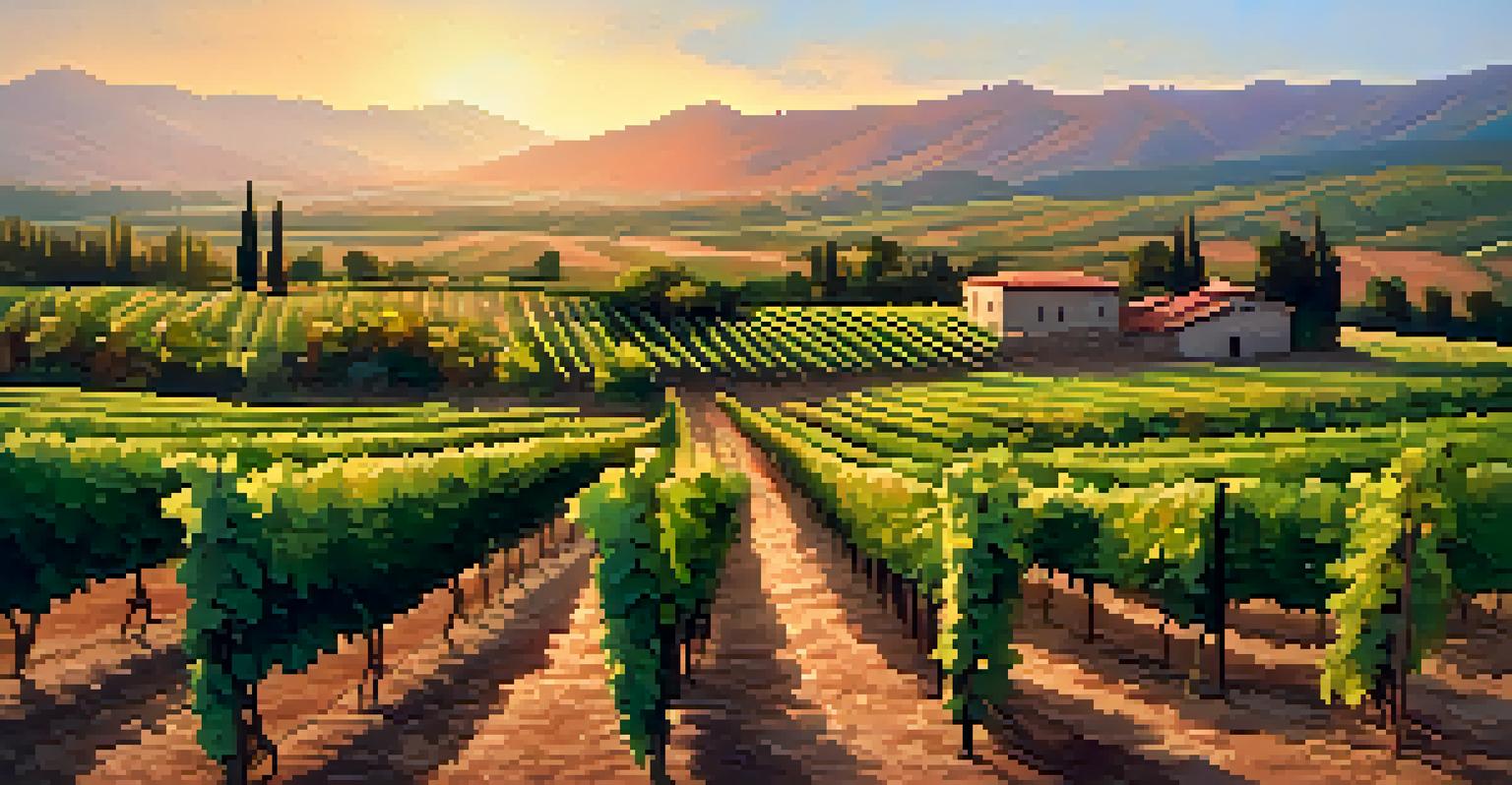 A scenic vineyard in Kakheti, Georgia, with grapevines and a clay qvevri at sunset.