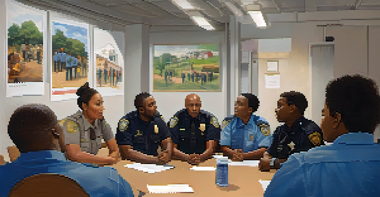 Participants in a community meeting discussing safety with police officers in a warmly lit room.
