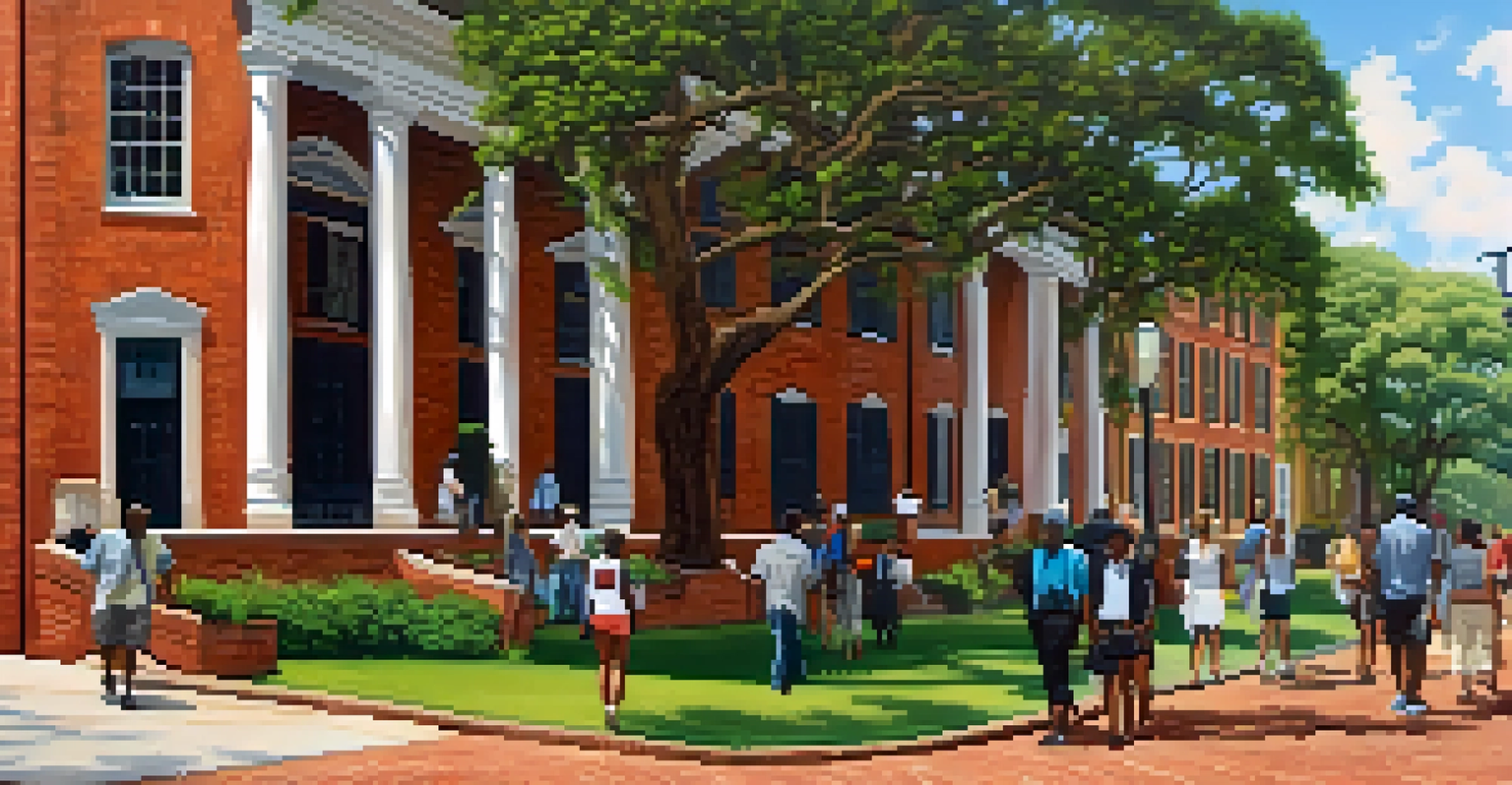 The exterior of the Old Slave Mart Museum with its historic architecture and people walking towards the entrance.