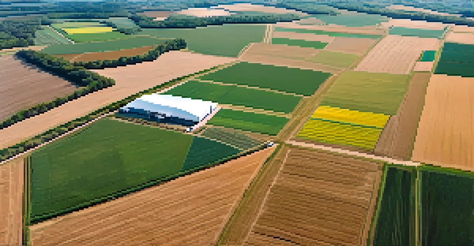 An aerial view of a technologically advanced farm in Georgia, showcasing modern farming equipment and neatly arranged fields.