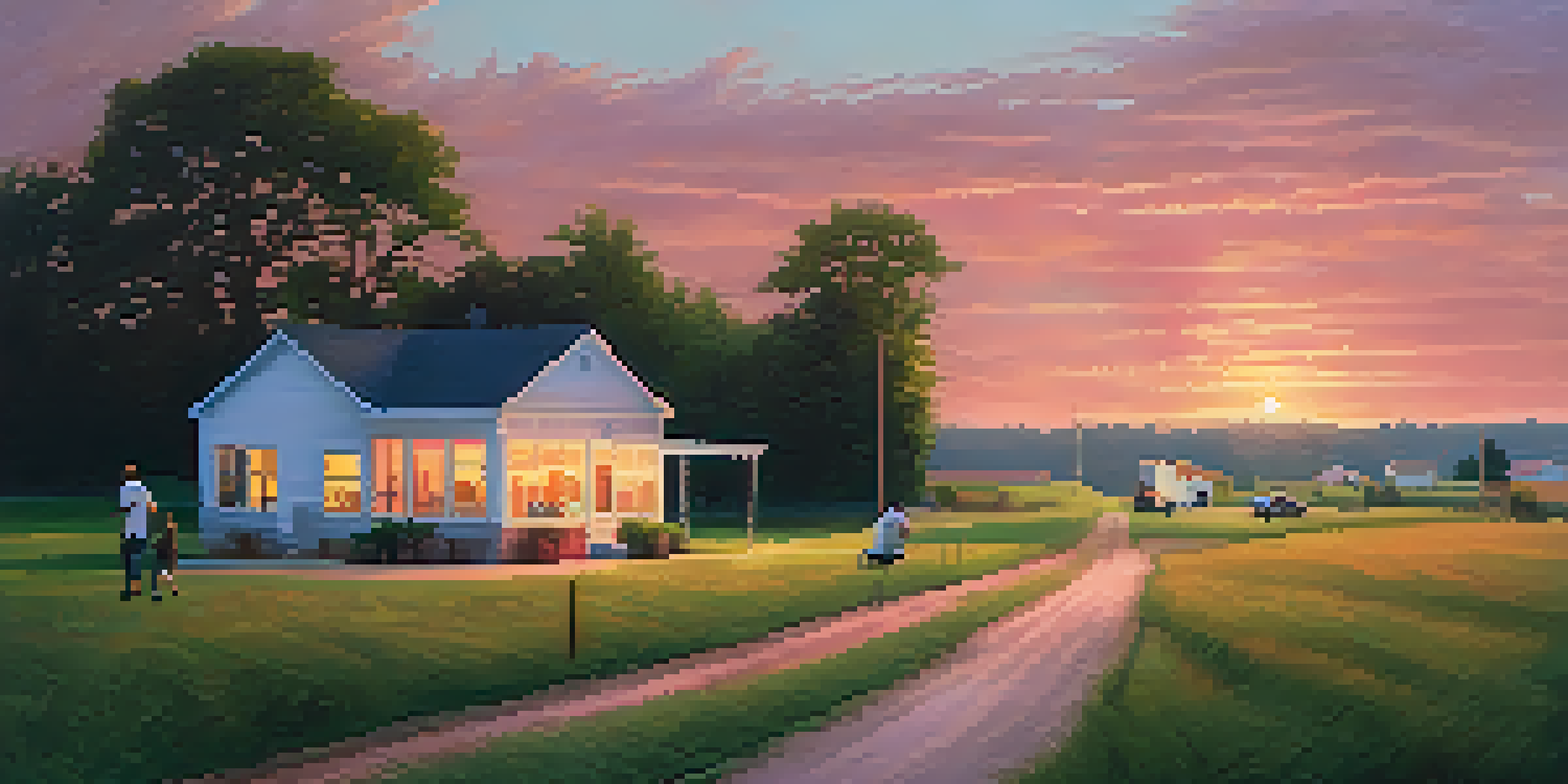 A peaceful rural scene in Georgia with a small clinic at sunset, highlighting community healthcare access.